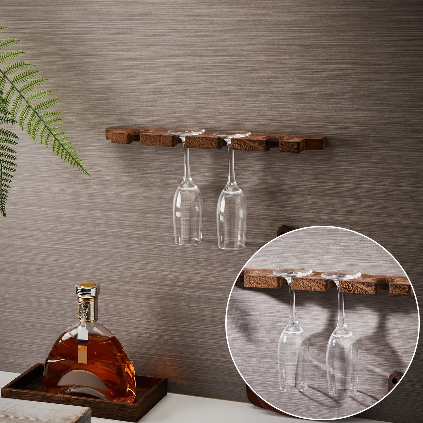 Ripeng 4 Pcs Wall Mounted Wood Stemware Rack Champagne Holder Rustic Wine Glass Hanging Shelf Wood Floating Glassware Wall Holder for Party Kitchen Bar Organizer 17 x 3 x 0. 8 Inch (Dark Brown)