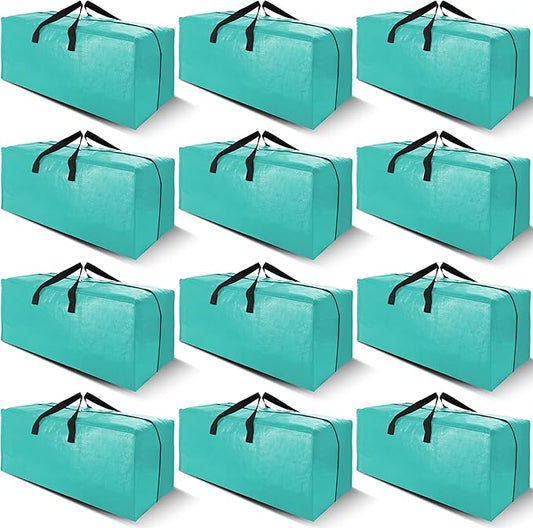 Cosy Family 12 Pack Heavy Duty Extra Large Moving Bags with Backpack Straps - Strong Handles & Zippers, Storage Totes For Space Saving, Fold Flat, Alternative to Moving Box, Aquamarine