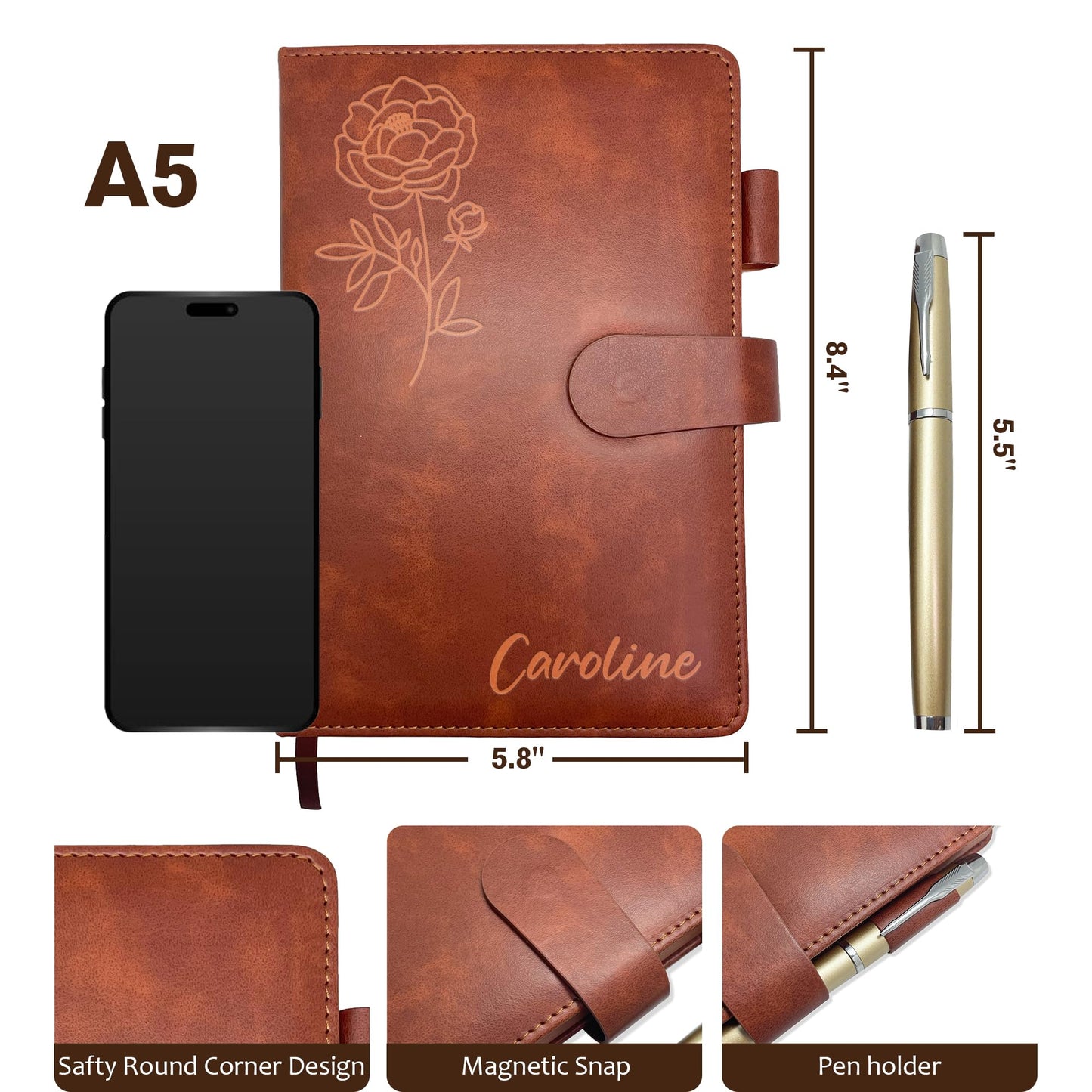 Personalized Leather Journal with Gifts Box & Pen, Custom Notebooks Diary with Engraved Birth Flower Name, Birthday Gifts for Women, Christmas Office Gift for Bridesmaid Students Teacher Mom Friend
