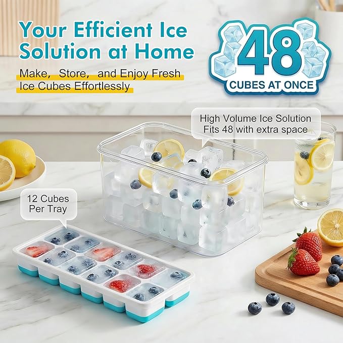 NFK Ice Cube Tray with Lid & Bin - 4 Pack Stackable Silicone Trays for Freezer with Storage Container, Leak-Proof Lids, BPA-Free, Easy Release for Kitchen, RV, Cocktail, Party, Coffee & Drinks