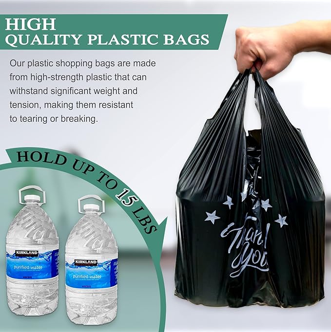 YoYoRain Black Thank you T shirt bag, Grocery shopping bag Reusable and Disposable Supermarket Bag 11''x6''x21'' 100PCS