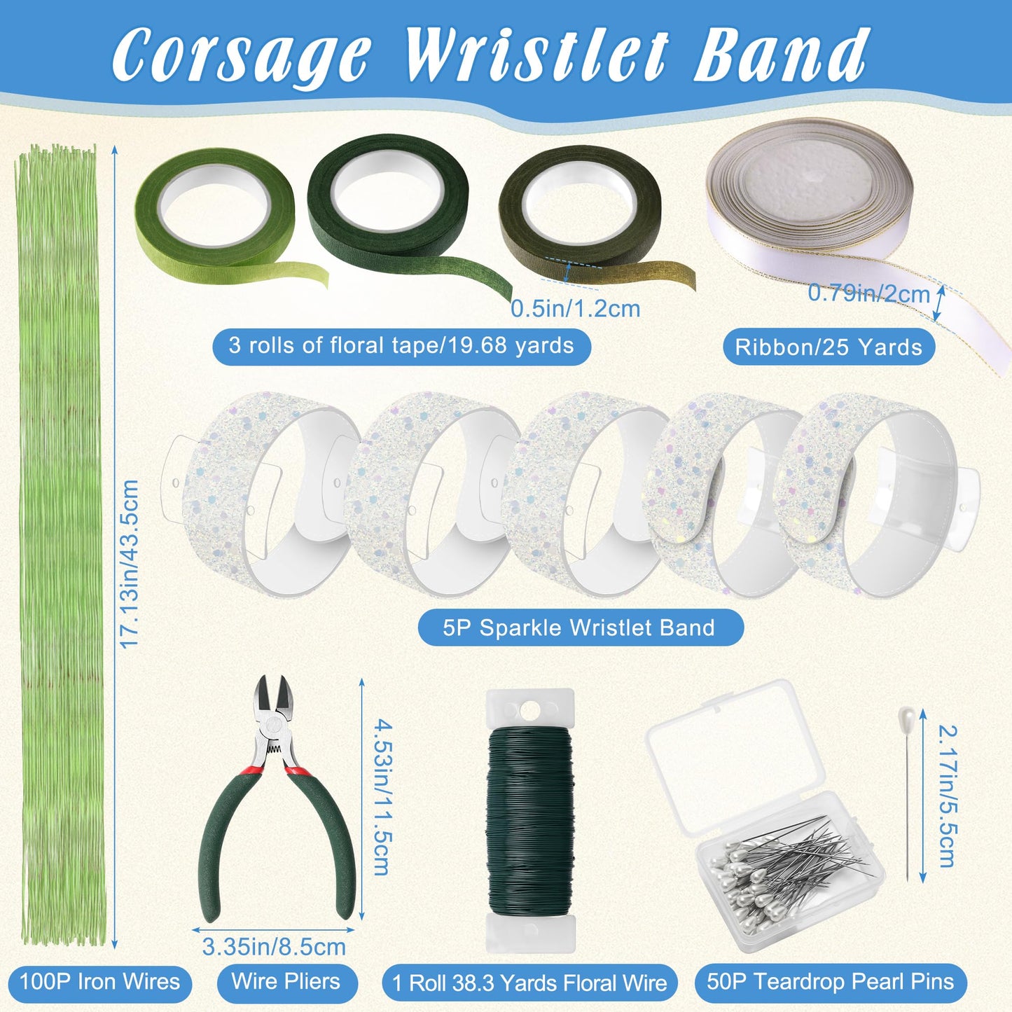 AHIER 161 PCS DIY Wrist Corsage Making Kit with 5P Wrist Corsage Bracelets, Floral Wire and Cutter, Floral Tape, Pin, Ribbon for Wedding Party Boutonniere Supplies
