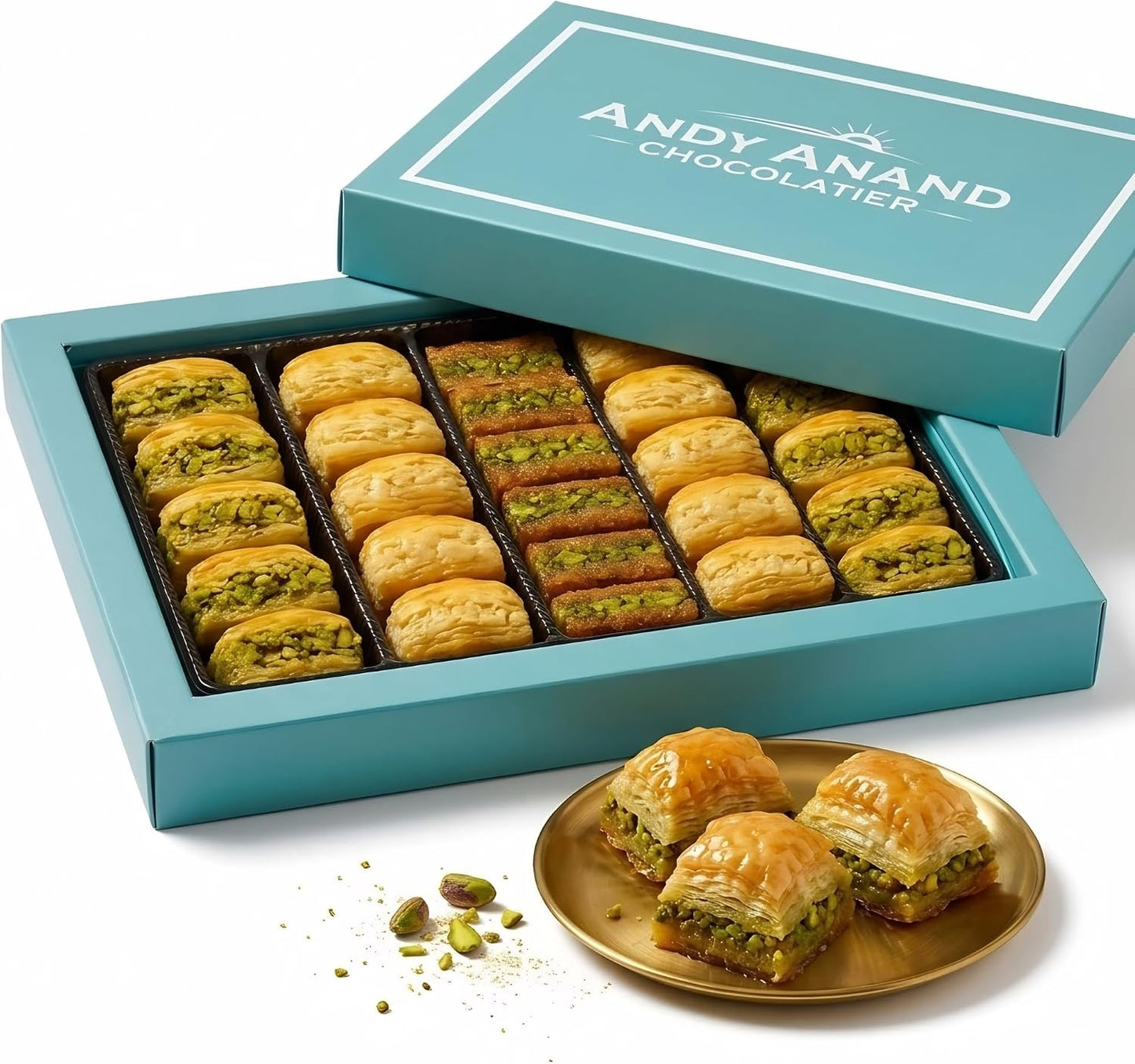 ANDY ANAND CHOCOLATIER Sugar Free Baklava - Turkish Baklava Pastry With Nuts, Delicious Edible Gift Box with Pistachio, Walnut & Hazelnut, Gourmet Assorted Flavor Snack Box (26 Pcs, 8.8 Oz)