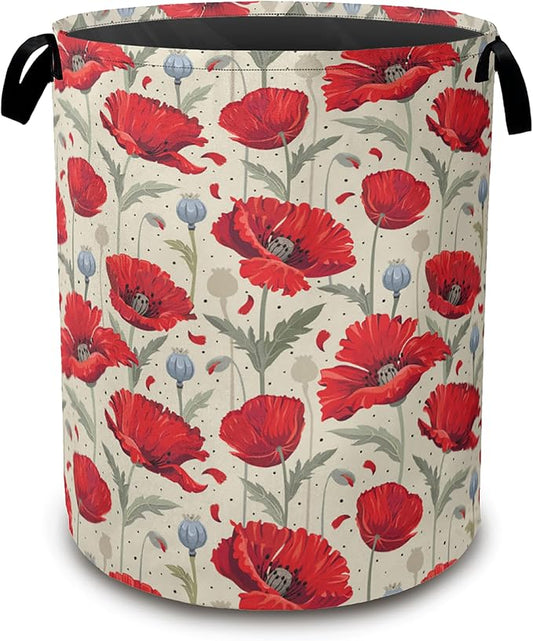 Vintage Poppy Laundry Hamper,Collapsible Laundry Baskets,Red Flowers Dirty Clothes Baskets with Handles,Oxford Cloth Hamper for Bedroom,Bathroom,College Dorms, 16"x20"