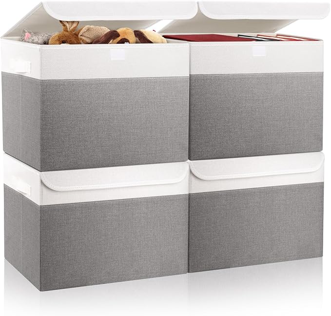 Large 22 Quart Linen Fabric Foldable Storage Bin Cube Organizer Basket with Flip-Top Lid & Handles, Clothes Blanket Box for Home, Office, Closet, Gray & White, 4 Pack 14.6 x 9.5 x 9.5â