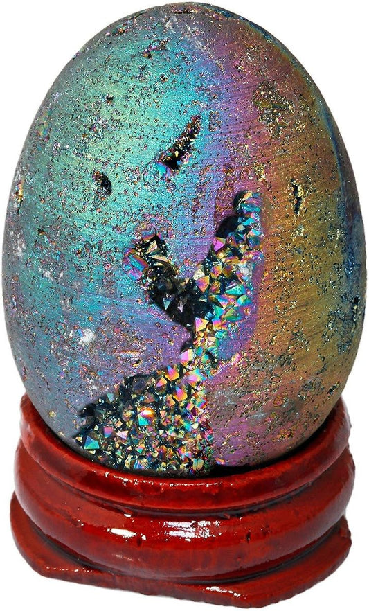 mookaitedecor Druzy Agate Geode Specimen, Rainbow Titanium Coated Quartz Crystal Egg Figurines with Wood Stand