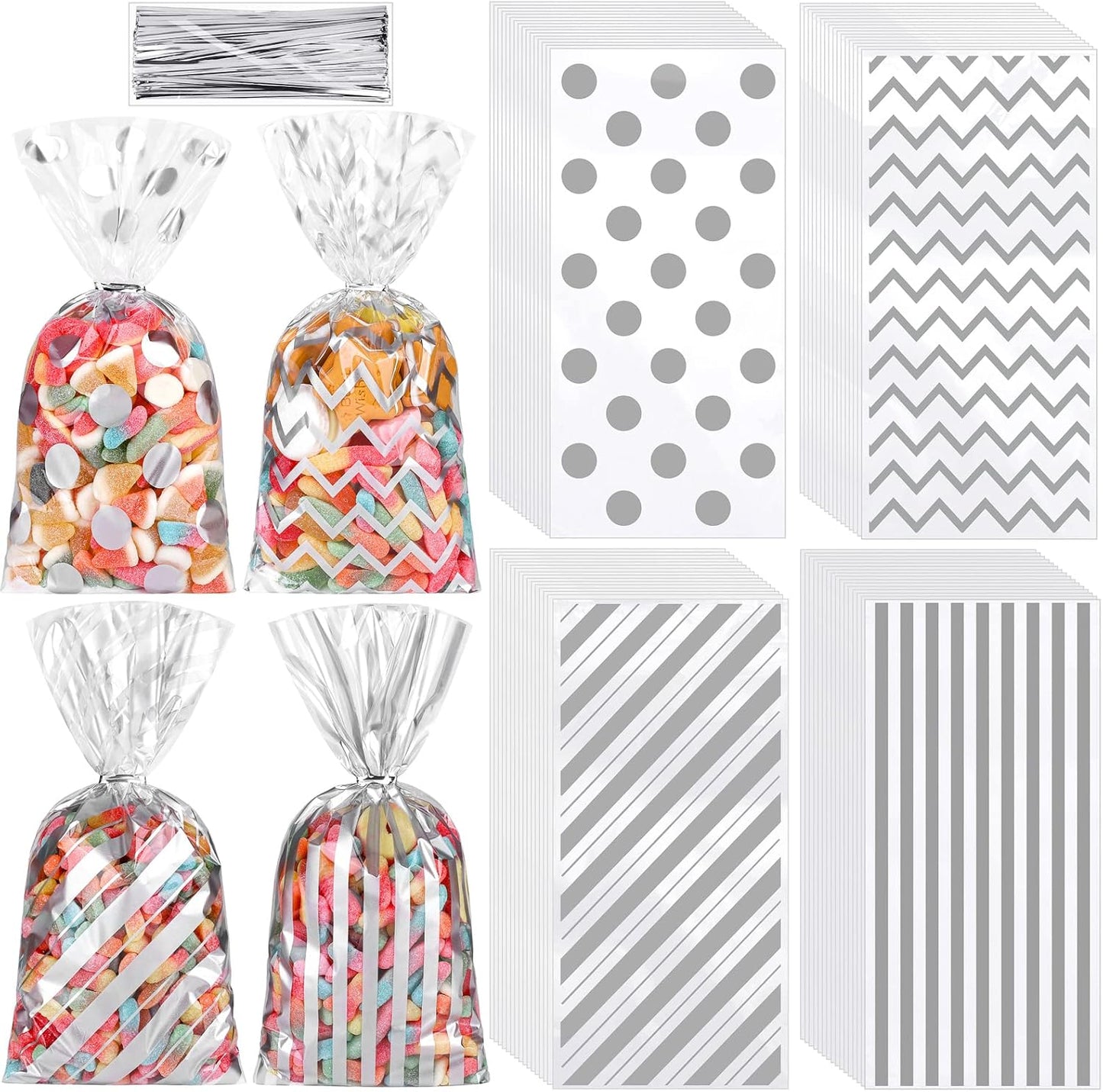 Aodaer 100 Pieces 10.6 x 5.1 In Silver Cellophane Bags Plastic Candy Gift Bags Cellophane Treat Bag with Twist Ties Stripes Polka Dot Printed Pattern Goodie Bag for Birthday Weddings Party Favors