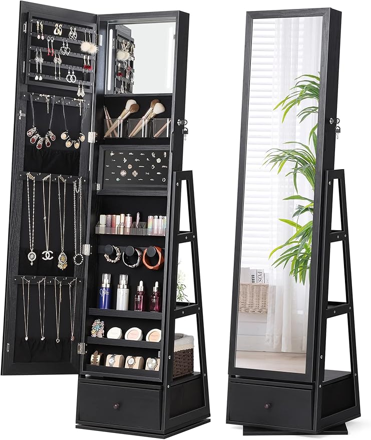 Nicetree 360Â° Swivel Jewelry Cabinet with Lights, Touch Screen Vanity Mirror, Rotatable Full Length Mirror with Jewelry Storage, Standing Jewelry Armoire Organizer, Foldable Makeup Shelf, Black