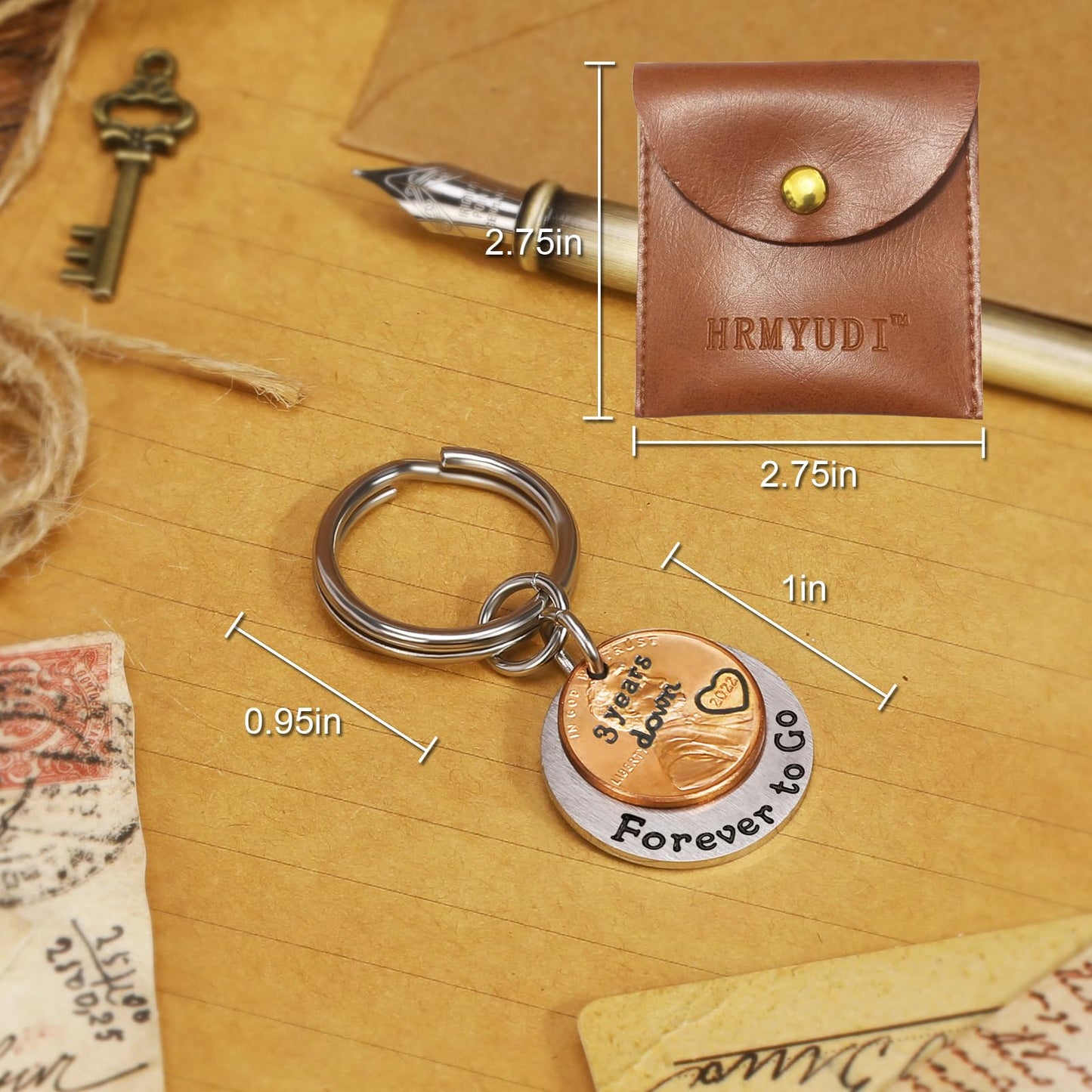 HRMYUDI 3 Years Anniversary Copper Gift for Man Woman, Coin Keychain with a 2022 Penny, 3 Years Down and Forever To Go Keyring, Third Anniversary Copper Gift for Him Her