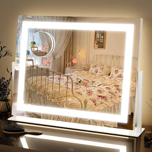FENNIO Vanity Mirror with Lights 22''x18'' Makeup Mirror with Lights,Lighted Makeup Mirror with 10X Magnification and USBï¼Smart Touch Screen with 3-Color Lighting,Dimmableï¼Square Whiteï¼