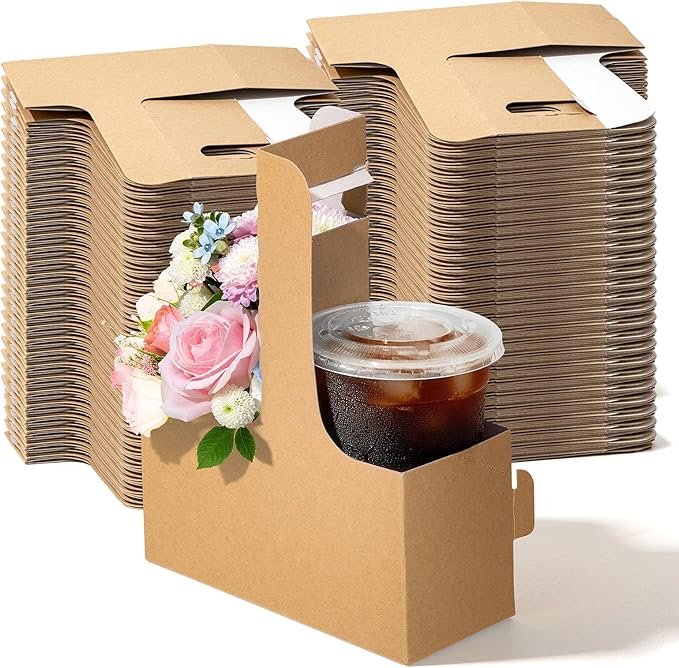FMP Brands 2 Cup Disposable Drink Carrier with Handle, 250 Pack Kraft Paperboard Handled Drink Carriers 12-30 oz to Go Coffee Cup Holder, Cup Carrier for Cold Hot Drinks, Valentine Mother's Day
