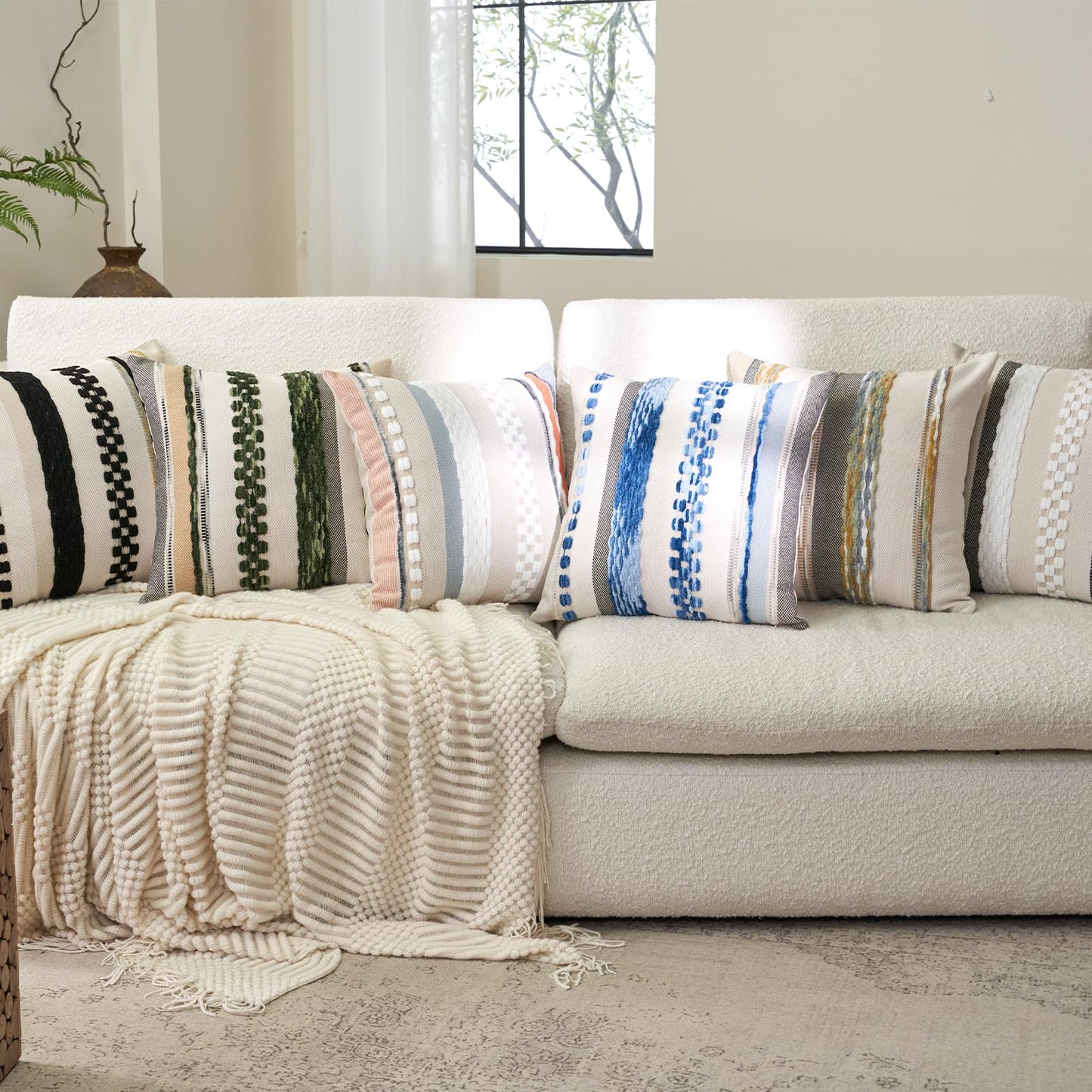 Aeckself Boho Throw Pillow Covers 18x18 Inch Set of 2, Farmhouse Decorative Striped Square Pillow Covers Chenille Tufted Pillow Cases Accent Neutral Pillowcase for Living Room Couch Bed, Dark Green