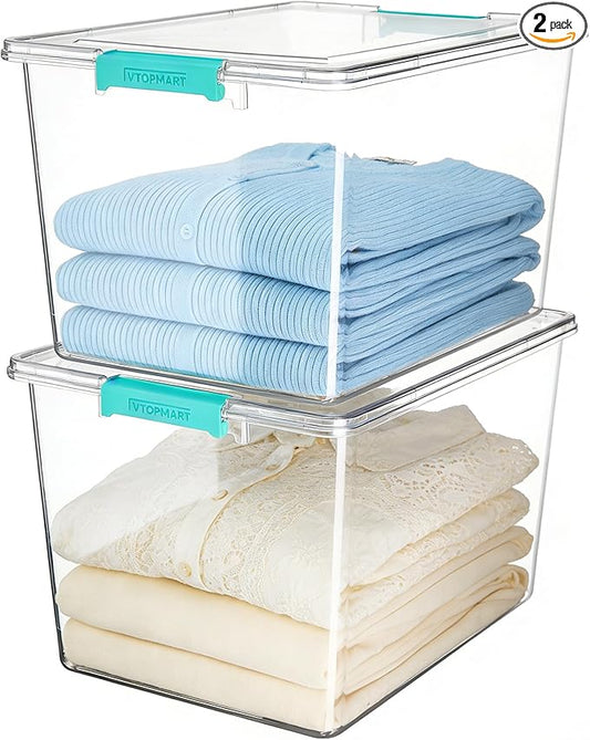 Vtopmart 2 Pack 72 QT Crystal Clear Storage Bins with Lids, 4 Pack Stackable Plastic Large Latching Boxes Totes Tubs Container for Closet Organizers and Storage, Bedroom, Clothes, Toys, Bedding