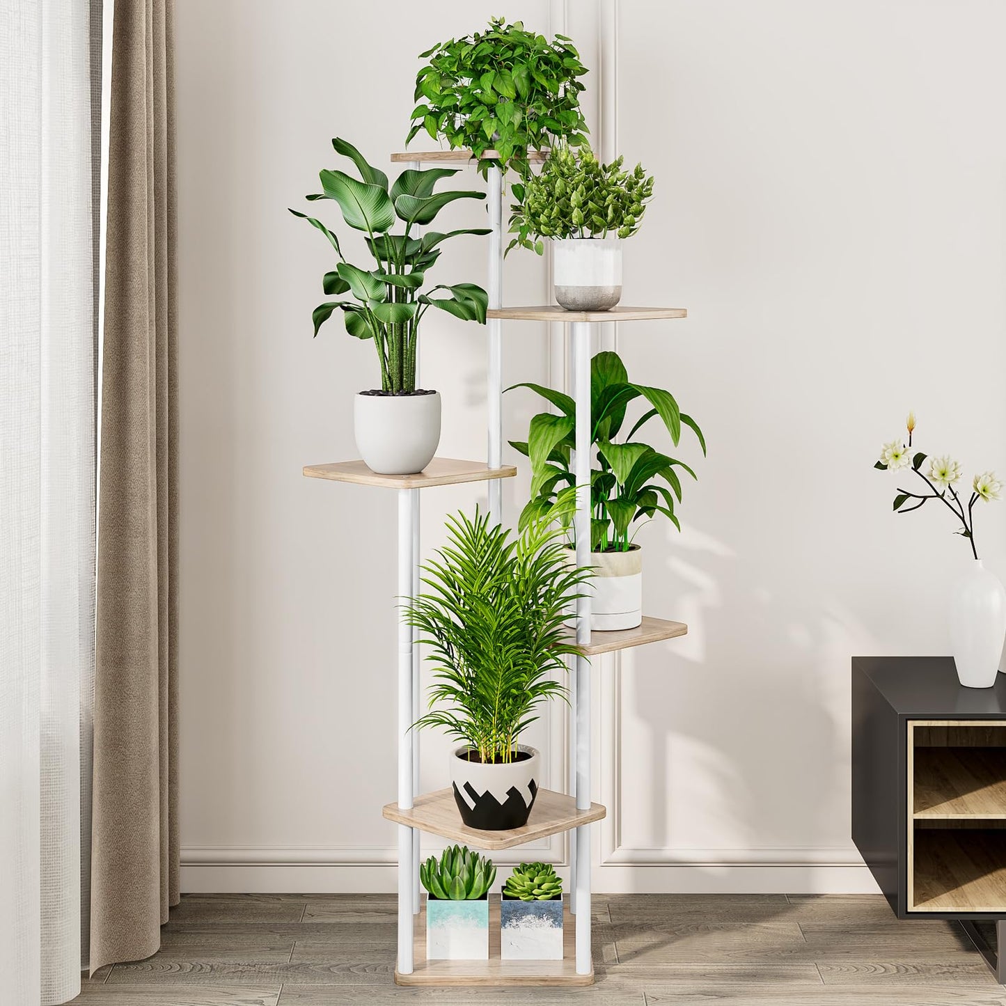 AZERPIAN Plant Stand 6 Tier Indoor Metal Flower Shelf for Multiple Plants Corner Tall Flower Holders for Patio Garden Living Room Balcony Bedroom, White
