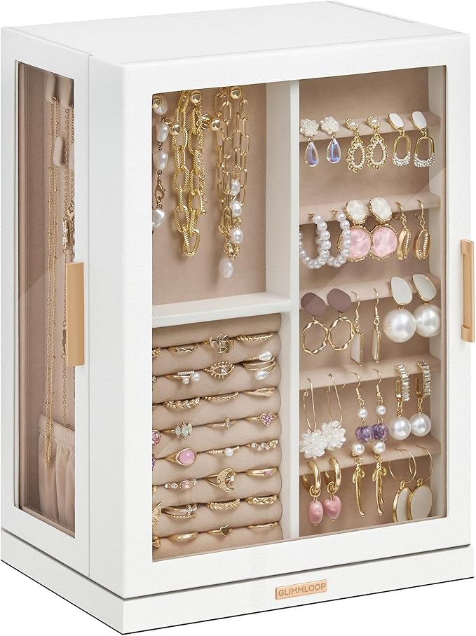 360Â° Rotating Jewelry Box with 7 Drawers, Spacious Vertical Jewelry Organizer with Glass Window, Jewelry Storage Case, Dustproof & Moisture-resistant Design, White