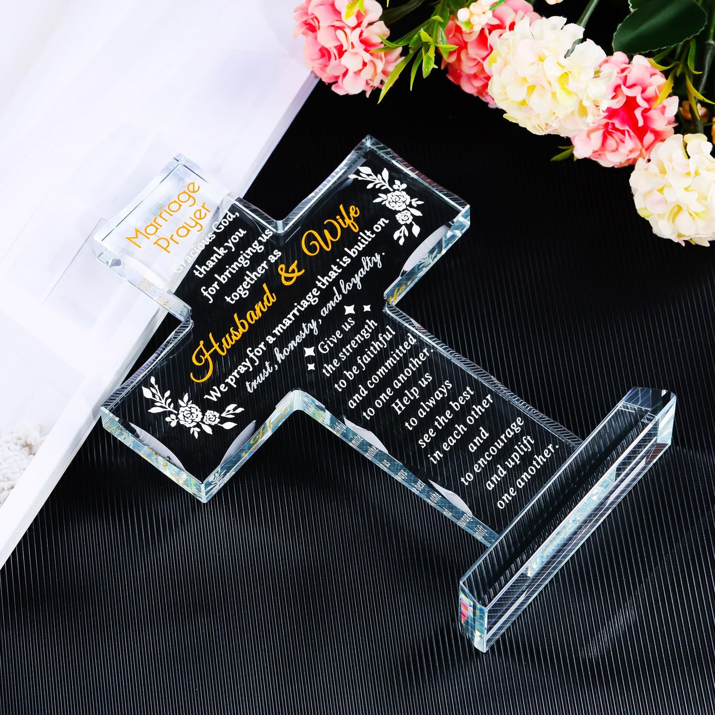 YWHL Glass Marriage Prayer Cross Wedding Gifts for Couples, Religious Cross Engagement Gifts for Bride and Groom, Bridal Shower Gift for Women Men