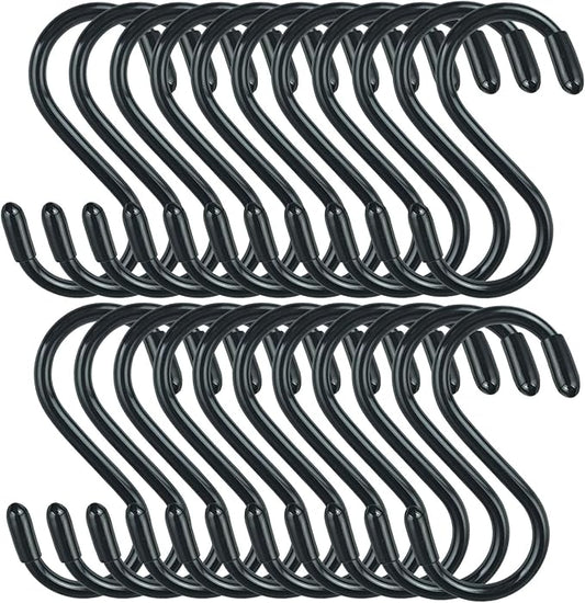 DINGEE 30 Pack Vinyl Coated Heavy Duty S Hooks for Hanging Plants, Clothes, Non Slip Steel Metal Black Rubber Coated Closet S Hooks for Hanging Jeans, Jewelry, Pot, Pan