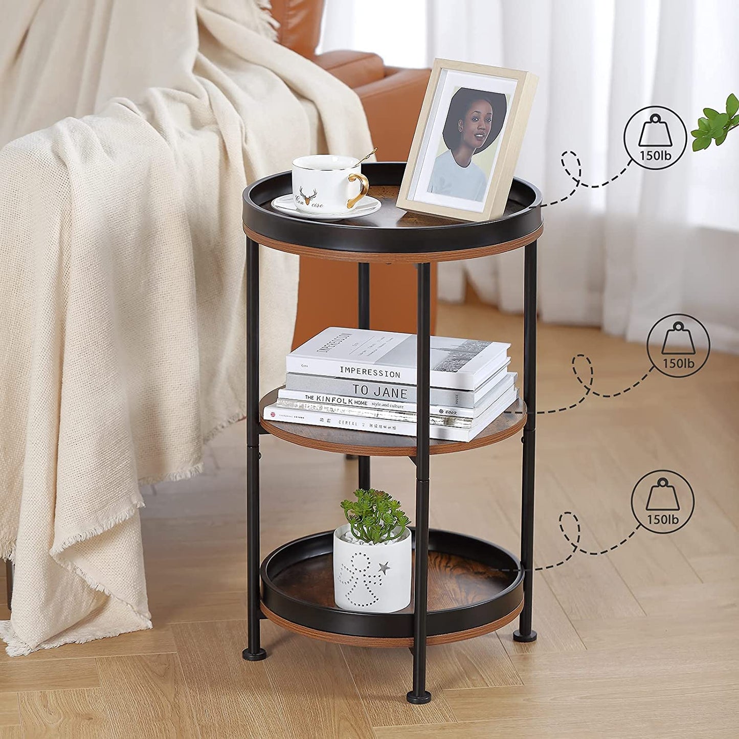 YEAKOO Industrial Nordic End Table, 3-Tier Round Side Table with Storage Shelf Edge Protection Tray, Sturdy Metal Frame Coffee Table Bedside Table for Living Room Bedroom Small Spaces/Rustic Brown