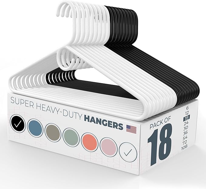 Neaties Super Heavy Duty Clothes Hangers 18 Pack â Made in The USA - 10lb Capacity, Thick Plastic Hangers for Pants, Coats, Jackets, Jeans and Adult Clothing â White & Black