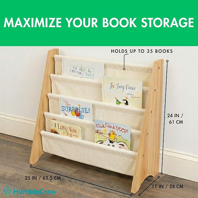 Humble Crew 4-Tier Kids Bookshelf, Natural/White - Premium Book Shelf for Kids Rooms with Four Deep Pockets - Toddler Sling Book Rack with Deep Sleeves, Nursery Bookcase Organizer