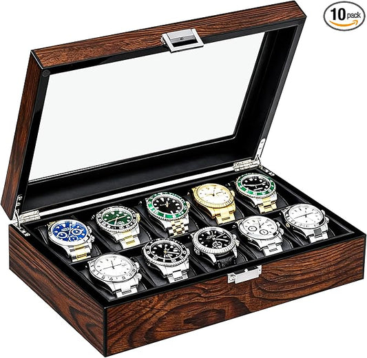 BEWISHOME Watch Box, 10-Slot Wooden Watch Case, Mens Watch Box for Men Watch Storage Organizer, Watch Holder Watch Display Case for Anniversary Birthday Brown SSH10Y