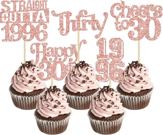 Gyufise 30Pcs Happy 30th Birthday Cupcake Toppers Glitter Thirty Straight Outta 1996 Cupcake Picks Cheers to 30 Fabulous Cake Decorations for Happy 30th Birthday Anniversary Party Supplies Rose Gold