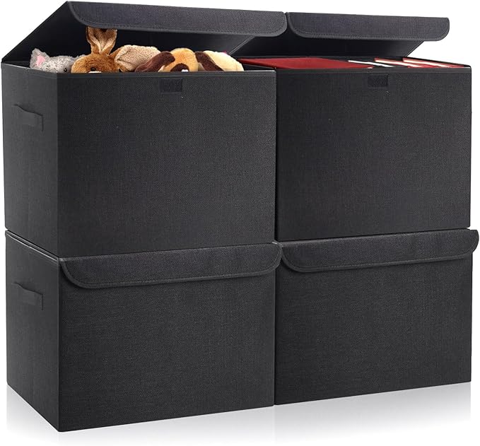 Large 22 Quart Linen Fabric Foldable Storage Bin Cube Organizer Basket with Flip-Top Lid & Handles, Clothes Blanket Box for Home, Office, Closet, Black, 4 Pack 14.6 x 9.5 x 9.5â