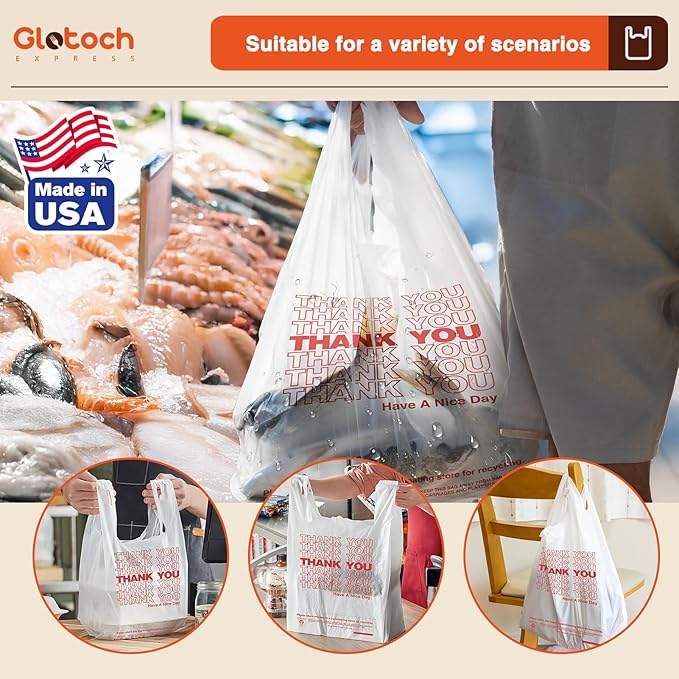 Glotoch Plastic Thank You Bags 1000 Count, 11.5" x 6.5" x 21" White Grocery Bags with Handles for Restaurant, Retail, Grocery Store, Takeout, Convenience Stores, T-shirt Shopping Bag in Bulk
