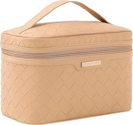 Dajasan Makeup Bag Cosmetic Bag, Travel Makeup Bag, Large Capacity Makeup Organizer Bag, Portable Travel Toiletry Bag for Women Girls, PU Leather Waterproof 11.81 x 6.7 x 7.09 Inch (Khaki)
