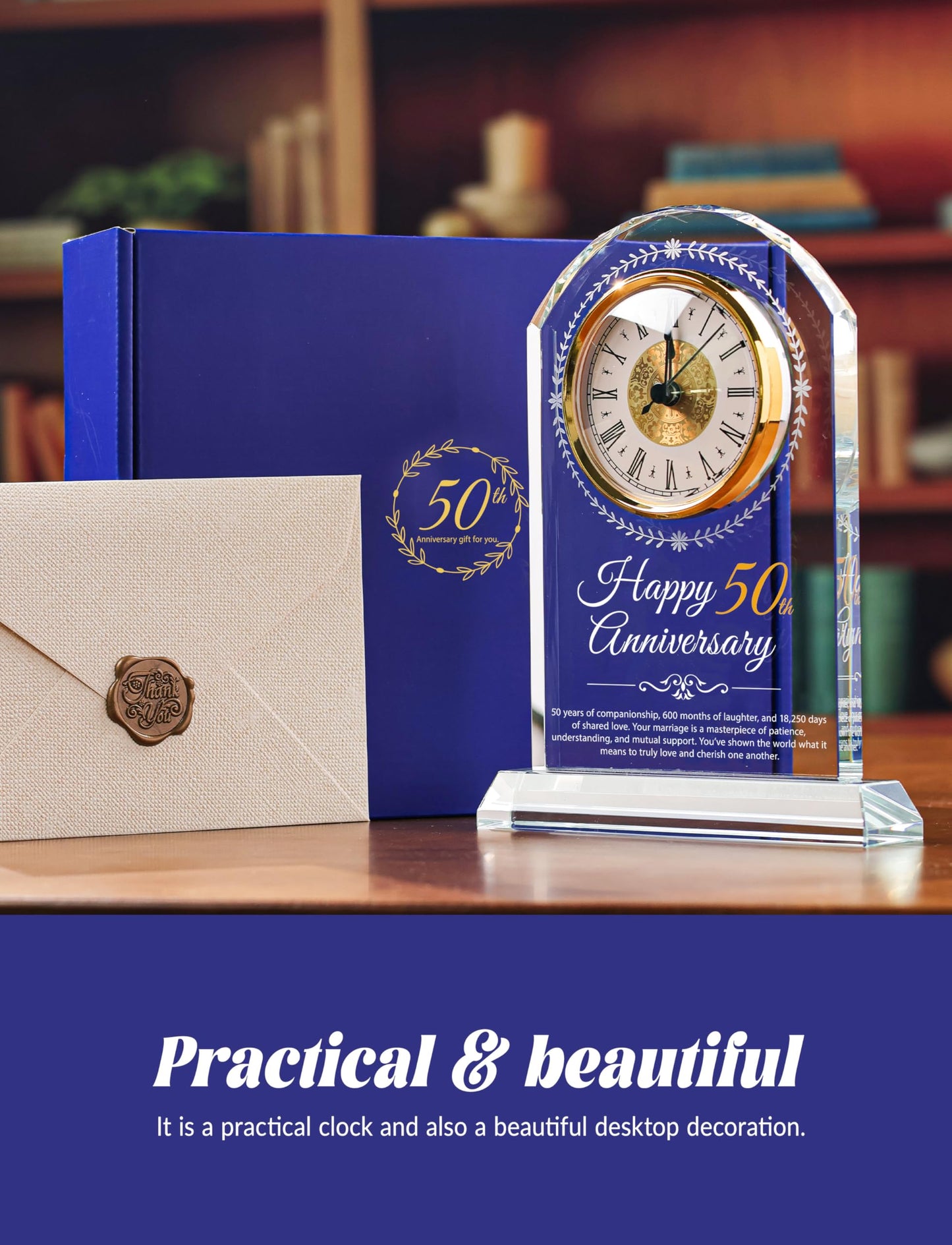 Sttokilly 50th Wedding Anniversary K9 Crystal Quartz Clock,50 Years of Marriage Gift,Happy Golden Anniversary Decoration Gift,for Parents,Grandparents,Couple