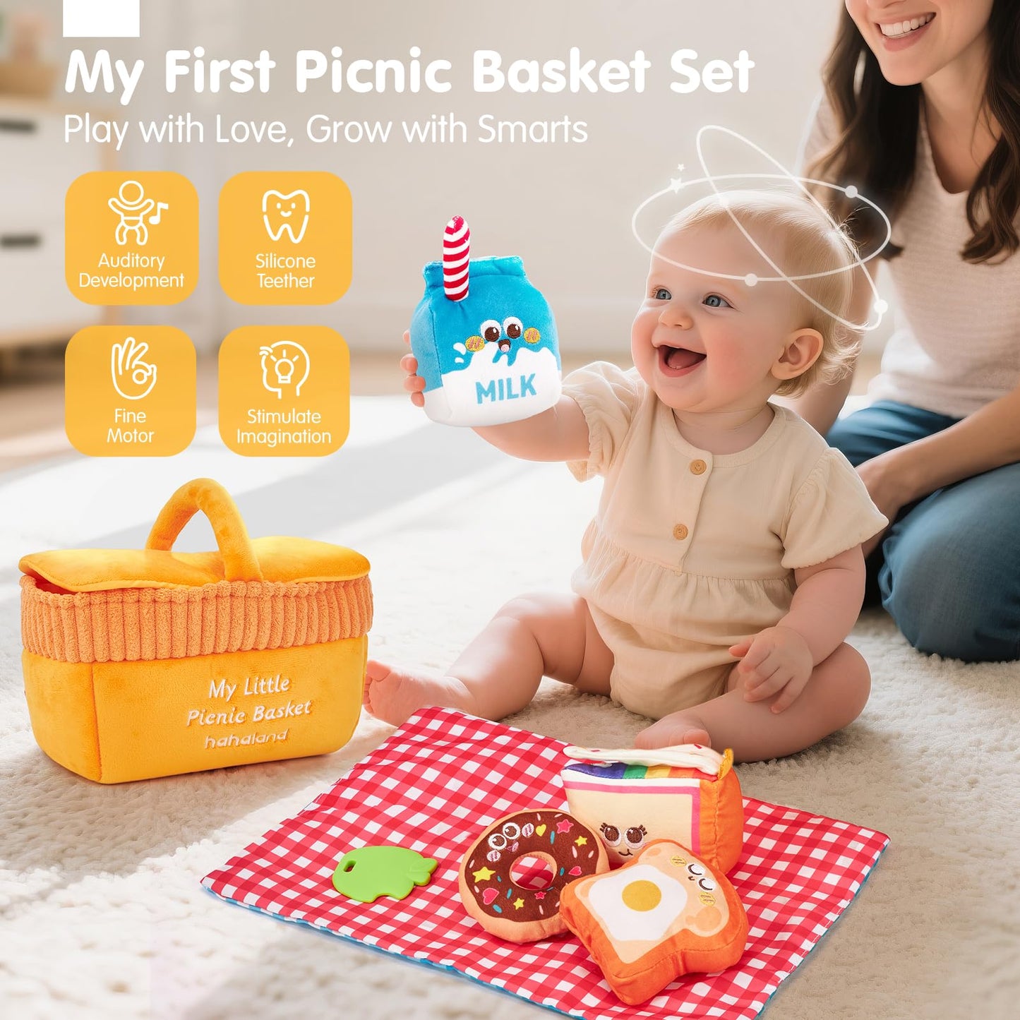 Hahaland Baby Toys 6-12 Months – Picnic Basket Sensory Toy with Crinkle, Rattles, Teether & Mirror, Montessori Play Food Plush for Early Development, Birthday Gifts for 1+ Years Boys & Girls