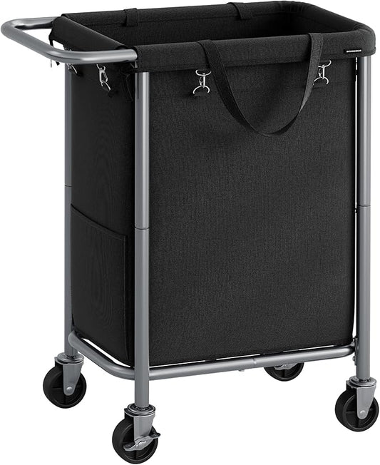 SONGMICS Laundry Basket with Wheels, Rolling Laundry Hamper, 23.8 Gallons (90 L), Removable Liner, Steel Frame with Handle, 24 x 11.4 x 31.9 Inches, Ink Black URLS003B01