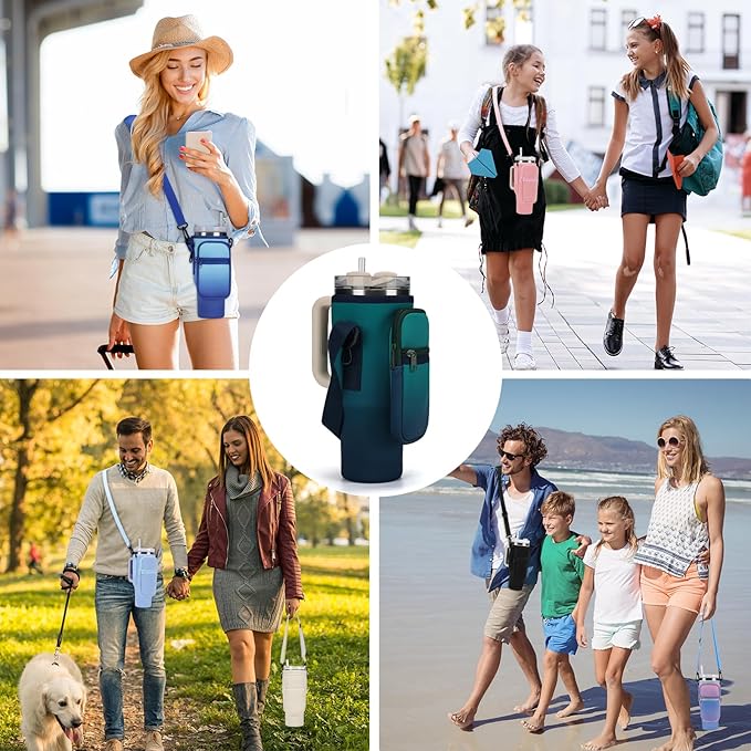 GOEWY Water Bottle Carrier Bag for Stanley 40/30 oz Tumbler with Phone Pocket Neoprene Water Bottle Holder with Shoulder & Handheld Strap Stanley Cup Accessories