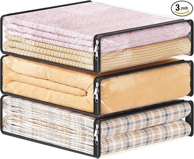 Lifewit 14L Clear Sheet Storage Bags with Zipper 3 Pack, Plastic Sweater Storage Bins for Clothing, Vinyl Foldable Clothes Containers Organizers for Closet, Blankets, Bedding 15.7 x 13.8 x 3.9 Inch