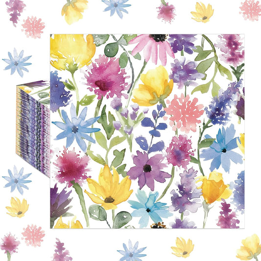 Epakh 100 Pcs Spring Floral Cocktail Napkins, Disposable Flower Watercolor Decoupage Napkins Bulk Decorative Guest Paper Towel for Spring Tea Party Bridal Shower Dinner Tableware Supplies