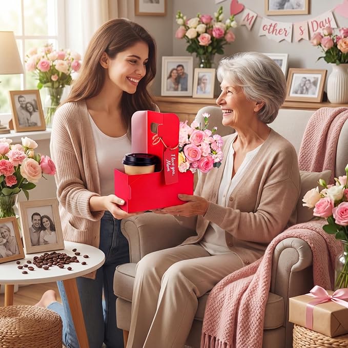 MotiMind 100 Pack Mother's Day 2 Cup Drink Carrier with Handle, Kraft Paperboard Teacher Cup Holder Portable for Hot Cold Drinks, Coffee Carrier Gift with Heart Card Rope (Red,Pink)