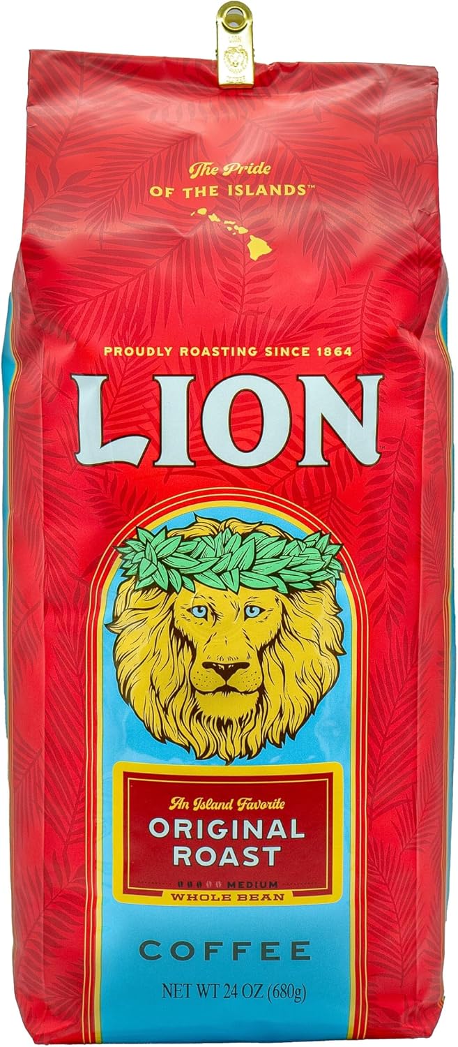 Lion Coffee Original Roast, Whole Bean Coffee, Medium Roast, A Taste of Aloha - 24 Ounce Bag