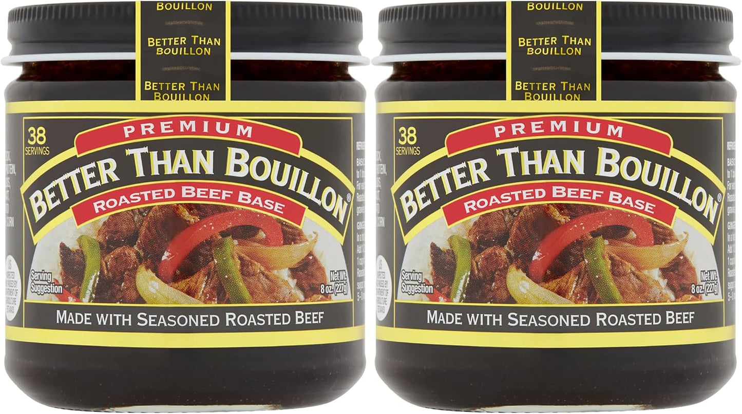 Better Than Bouillon Premium Roasted Beef Base, Made with Seasoned Roasted Beef, Blendable Base for Added Flavor, 38 Servings Per Jar, 8 Ounce Jar (Pack of 2)