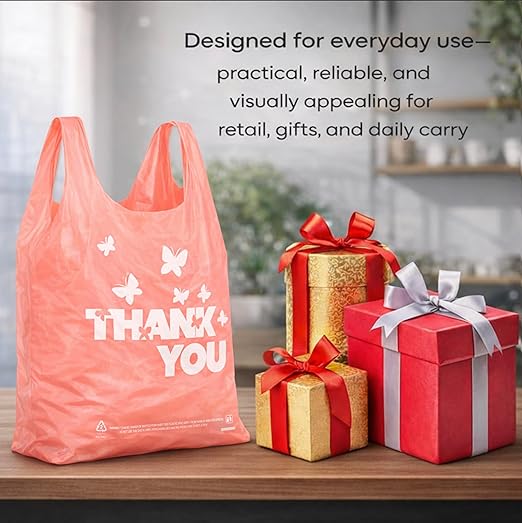 PINK Thank you bags, 200PCS T shirt bags, To Go Bags,Grocery bags, Reusable and Disposable,Perfect for Small Business,Take Out,Retails,11 inchx6 inchx21 inch(200),Large