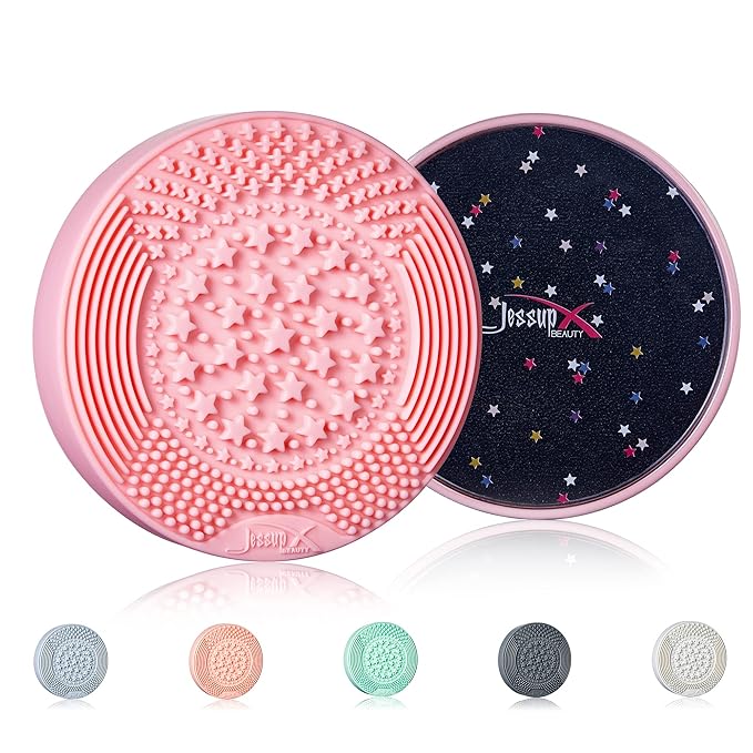 Jessup Makeup Brush Cleaning Mat with Color Removal Sponge, 2 in 1 Silicone Makeup Brush Cleaner (Sachet Pink), A005