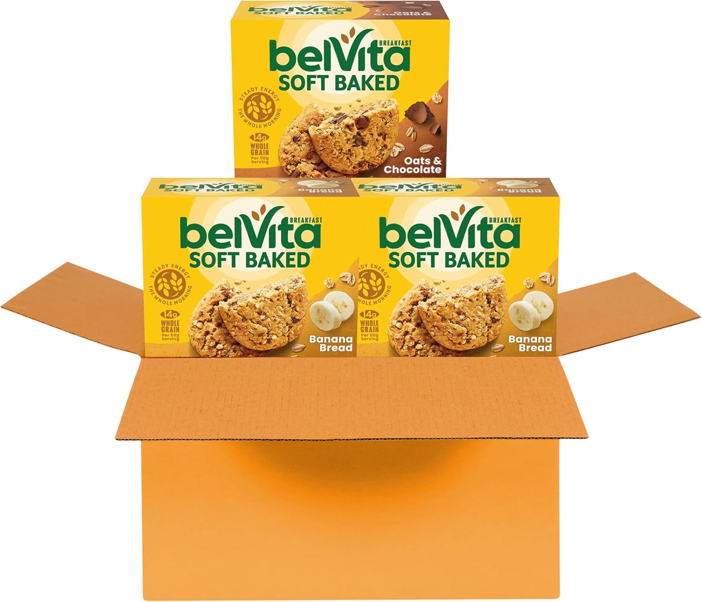 belVita Soft Baked Breakfast Bars Variety Pack, Banana Bread and Oats & Chocolate, 3 Boxes of 5 Packs (1 Biscuit Per Pack)