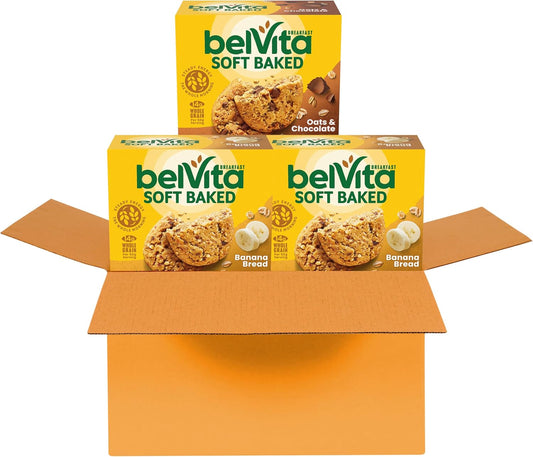 belVita Soft Baked Breakfast Bars Variety Pack, Banana Bread and Oats & Chocolate, 3 Boxes of 5 Packs (1 Biscuit Per Pack)