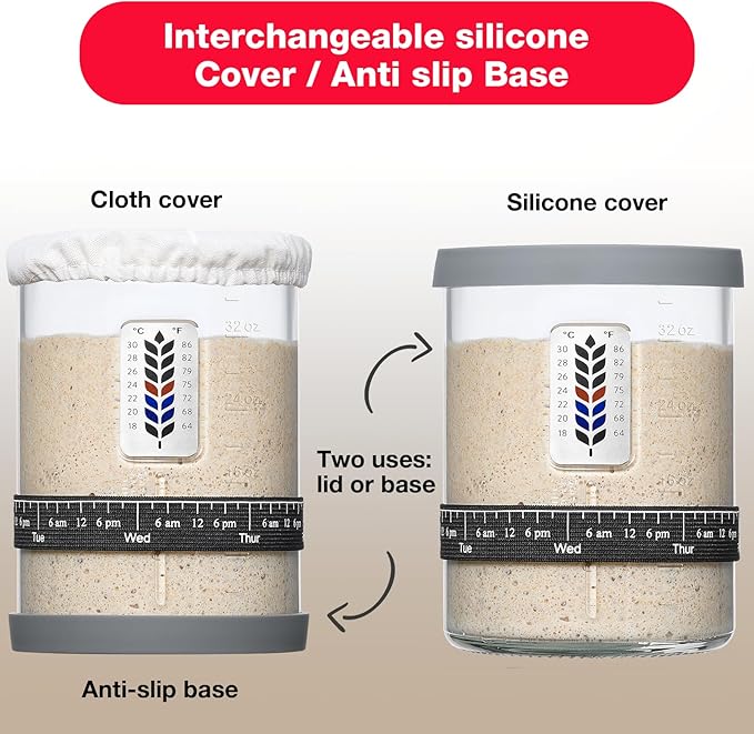 2 Pack Premium Pro Sourdough Starter Jar Kit - 40oz Large Wide Mouth Sourdough Bread Jar with Marked Feeding Band, Thermometer, Scraper, Cloth Cover & Silicone Lid/Base, Glass Container, Baking Supply