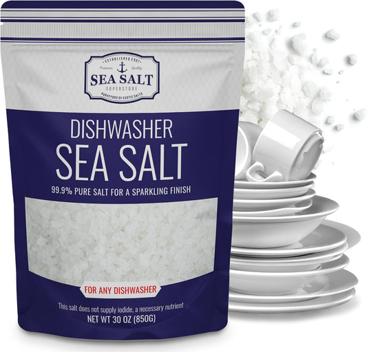 Dishwasher Salt, Natural Water Softener, Food Grade Coarse Sea Salt Compatible with Miele, Thermador, Whirlpool, & Bosch Dishwasher, 30 oz Bag