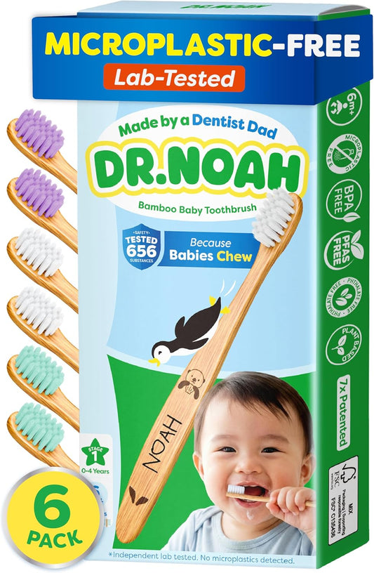Dr. Noah Microplastic-Free Bamboo Baby Toothbrush | Dentist Designed | 656 Substances Safety Tested | BPA, PFAS & Phthalate Free | 6-Pack | Soft Bristles | Infant to Toddler, 6-12 Months, Age 2-4 Kids