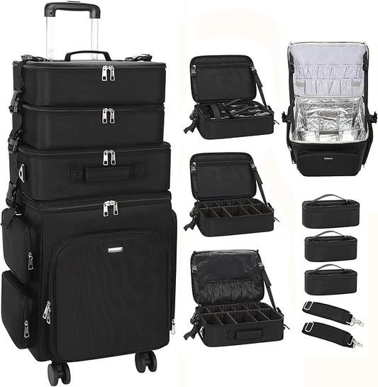 Relavel Rolling Makeup Case, 4 in 1 Hairstylist Traveling Bag Cosmetology Case on Wheels Large Hair Tools Cosmetics Train Case Makeup Artist Storage Organizer Trolley Suitcase with 360Â° Swivel Wheels