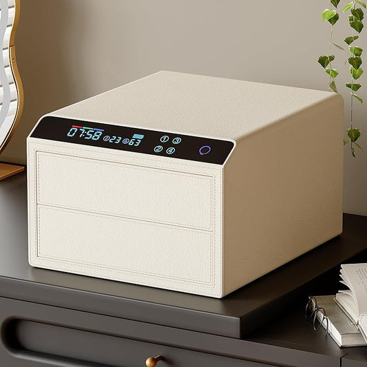 Jewelry Box with Fingerprint and Password Lock, Large Capacity Dual Drawer Storage Organizer for Necklaces, Rings, Bracelets, Watches, 15.98x13.98x9.45 Inches, 4 Smart Unlocking Methods,Beige