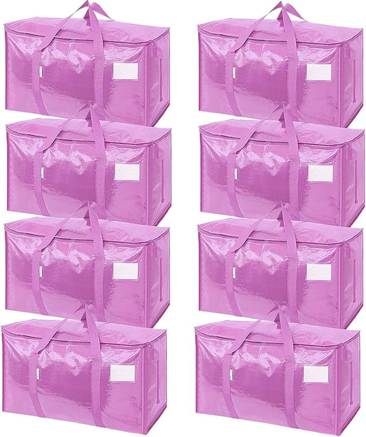 TICONN 8 Pack Extra Large Moving Bags Heavy Duty with Zippers & Carrying Handles, Durable Storage Bags Moving Boxes for Closet Organizers and Storage (8 Pack, Pink)