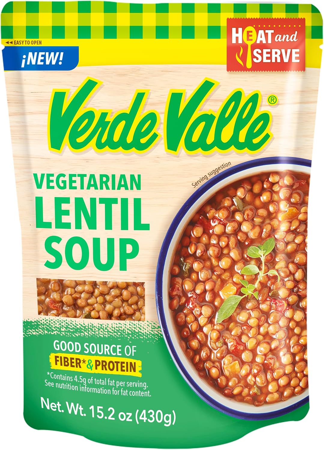 Verde Valle Vegetarian Lentil Soup Fresh Ready to Eat 15.2 oz (Pack of 1), Authentic Mexican Prepared Meal, Sopa de Lentejas, Protein, Fiber, Carrots, Tomatoes, Onions, Jalapeno Peppers