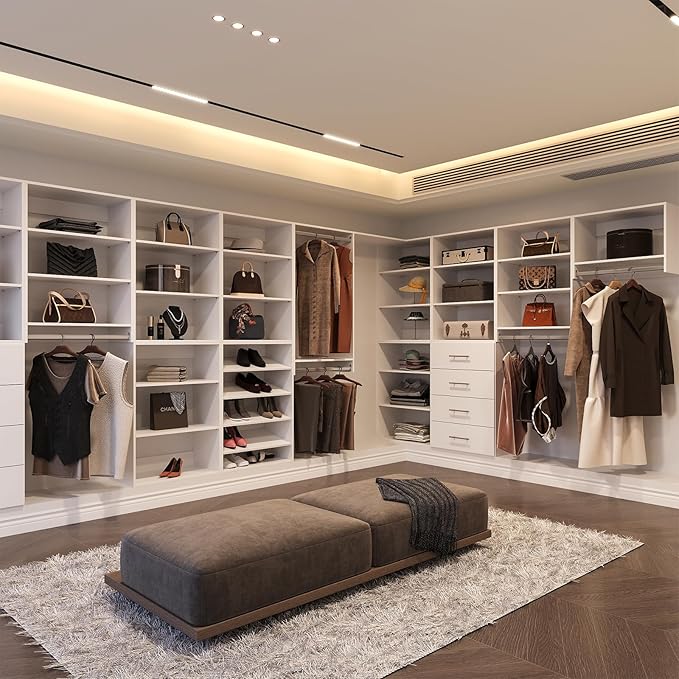 Tall Hanging Closet Unit, Modular Closet System, Wood Closet System Organizer with Storage for Walk In Closets, Clothing Rack Wardrobe Closet for Hanging Clothes, Bedroom, White, 28.5"W